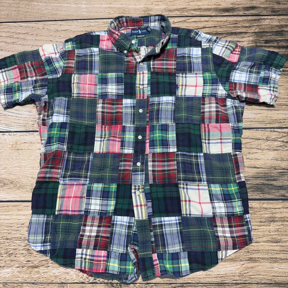 Polo Ralph Lauren Shirt Mens XXL Patchwork Plaid Green Red Blue Classic Fit - Picture 1 of 6